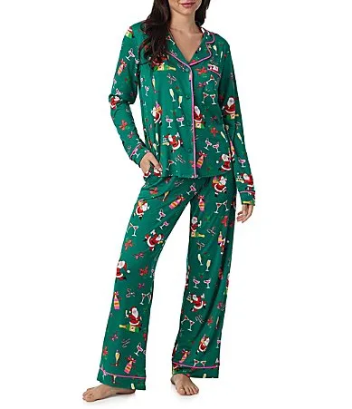 Merry Mixology Green Print Notch Collar Long Sleeve Jersey Knit Long Pajama Set