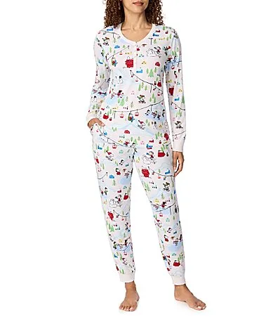 Peanuts Snoopy Winter Fun Print Long Sleeve Henley Neck Jersey Knit Jogger Pajama Set