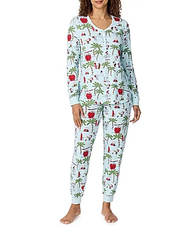 Peanuts Snoopy Christmas Palm Print Long Sleeve Henley Neck Jersey Knit Jogger Pajama Set