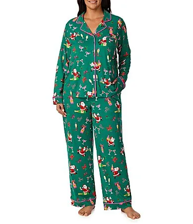 Merry Mixology Green Print Long Sleeve Notch Collar Jersey Knit Long Pajama Set