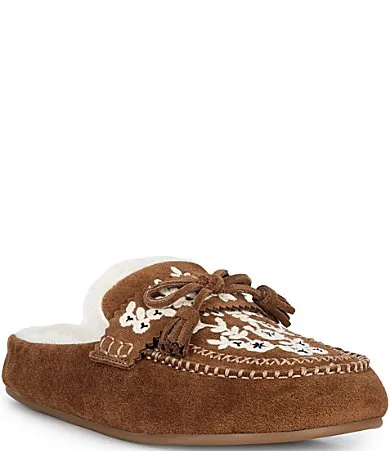 Kit Two Suede Embroidered Faux Fur Tassel Clog Mules by Copper Key