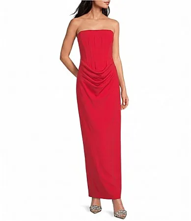 Christen Crepe Corset Strapless Ruched Maxi Dress