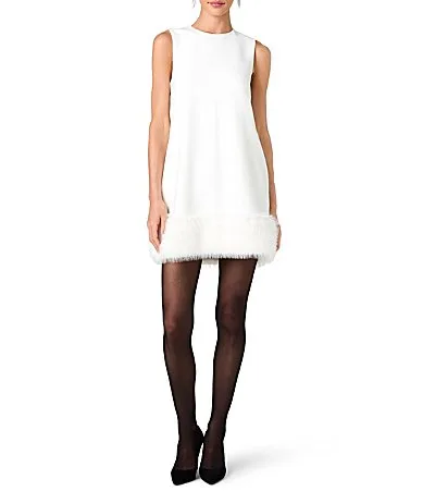 Whisper Jewel Neck Sleeveless Faux Fur Hem Shift Mini Dress