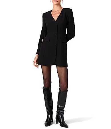 Azra Twill V-Neck Long Sleeve A-Line Cinched Blazer Mini Dress