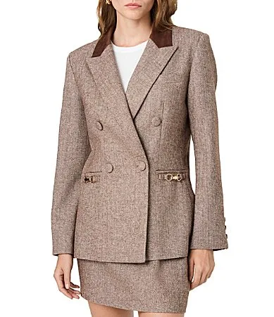 Naya Herringbone Contrast Notch Lapel Double Breasted Coordinating Blazer