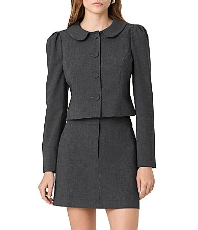 Tavi Stretchy Crosshatch Peter Pan Collar Puff Sleeves Button Front Coordinating Jacket