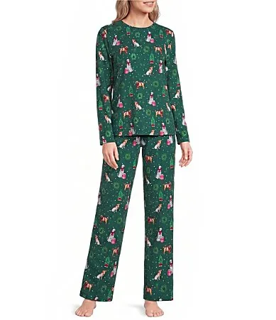 Festive Christmas Dogs Print Long Sleeve Crew Neckline Knit Pajama Set