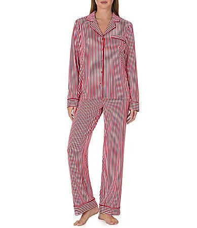 Red Stripe Print Long Sleeve Notch Collar Brushed Jersey Knit Pajama Set