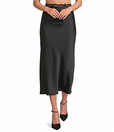 Eleanor High-Rise Peekaboo Lace Coordinating Satin Midi Skirt