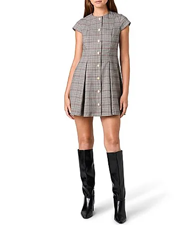 Leonie Tartan Plaid Round Neck Short Sleeve Button Front A-Line Mini Dress