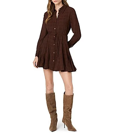 Chiffon Texture Plaid Printed Collared Long Sleeve Tie Waist Mini Dress