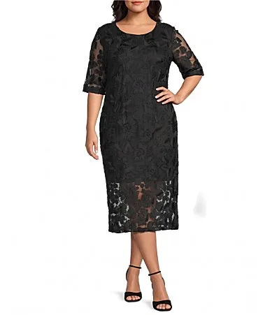 Soutache Mesh Elbow Sleeve Midi Dress