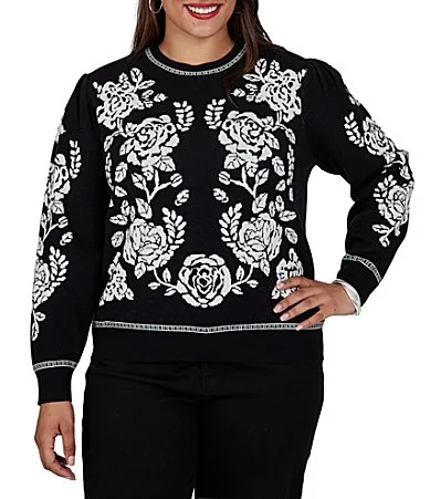 Jacquard Knit Ivory Rose Crew Neck Long Sleeve Sweater