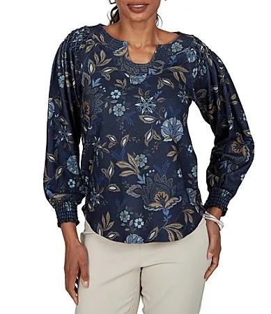 Stretch Knit Floral Horseshoe Neck Long Sleeve Smocked Detail Top