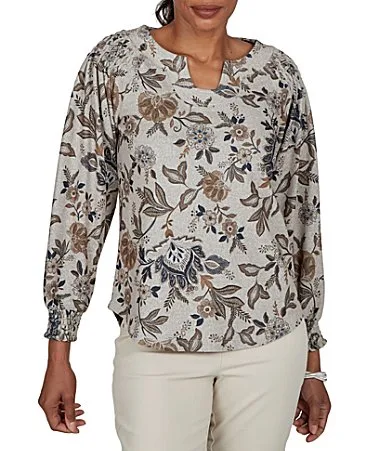 Stretch Knit Floral Horseshoe Neck Long Sleeve Smocked Detail Top