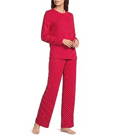 Christmas Polka Dot Print Long Sleeve Crew Neck Knit Pajama Set
