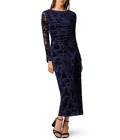 Drape Neckline Long Sleeve Burnout Velvet Dress
