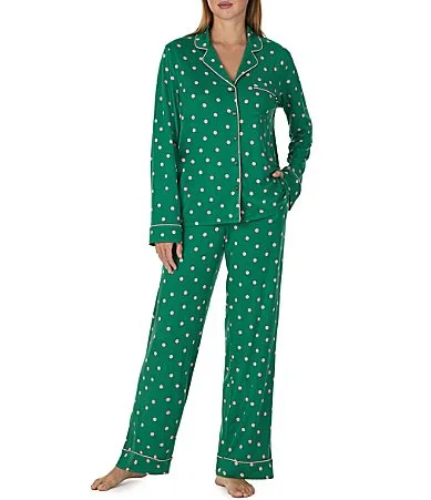 Green Dot Print Long Sleeve Notch Collar Brushed Jersey Knit Pajama Set