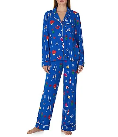 Holiday Cheer Print Long Sleeve Notch Collar Brushed Jersey Knit Pajama Set