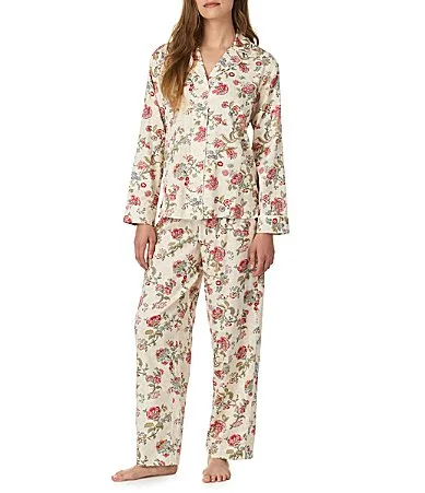 Cream Floral Print Long Sleeve Notch Collar Woven Sateen Pajama Set