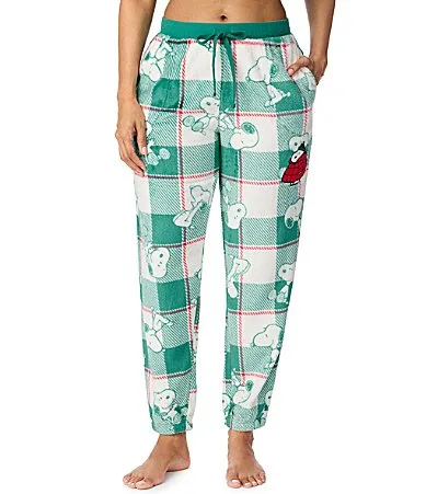 Snoopy Green Plaid Print Fleece Coordinating Sleep Joggers