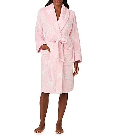 Bow Print Shawl Collar Long Sleeve Frosted Jacquard Chenille Short Wrap Robe