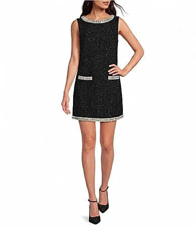 Morgan Embellished Boat Neck Sleeveless Tweed Shift Mini Dress