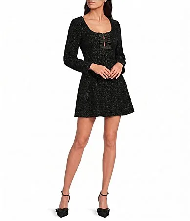 Emery Bow Front Square Neck Long Sleeve Tweed A-Line Mini Dress