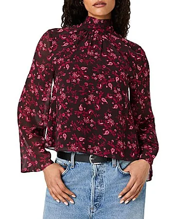 Marina Silky Chiffon Floral Print Mock Neck Flare Sleeve Top