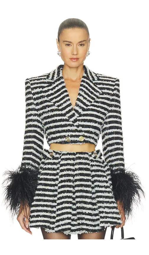 Tweed Cropped Jacket with Feather Cuffs