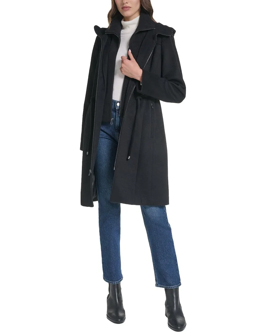 Hooded Slick Wool-Blend Zip Up Coat