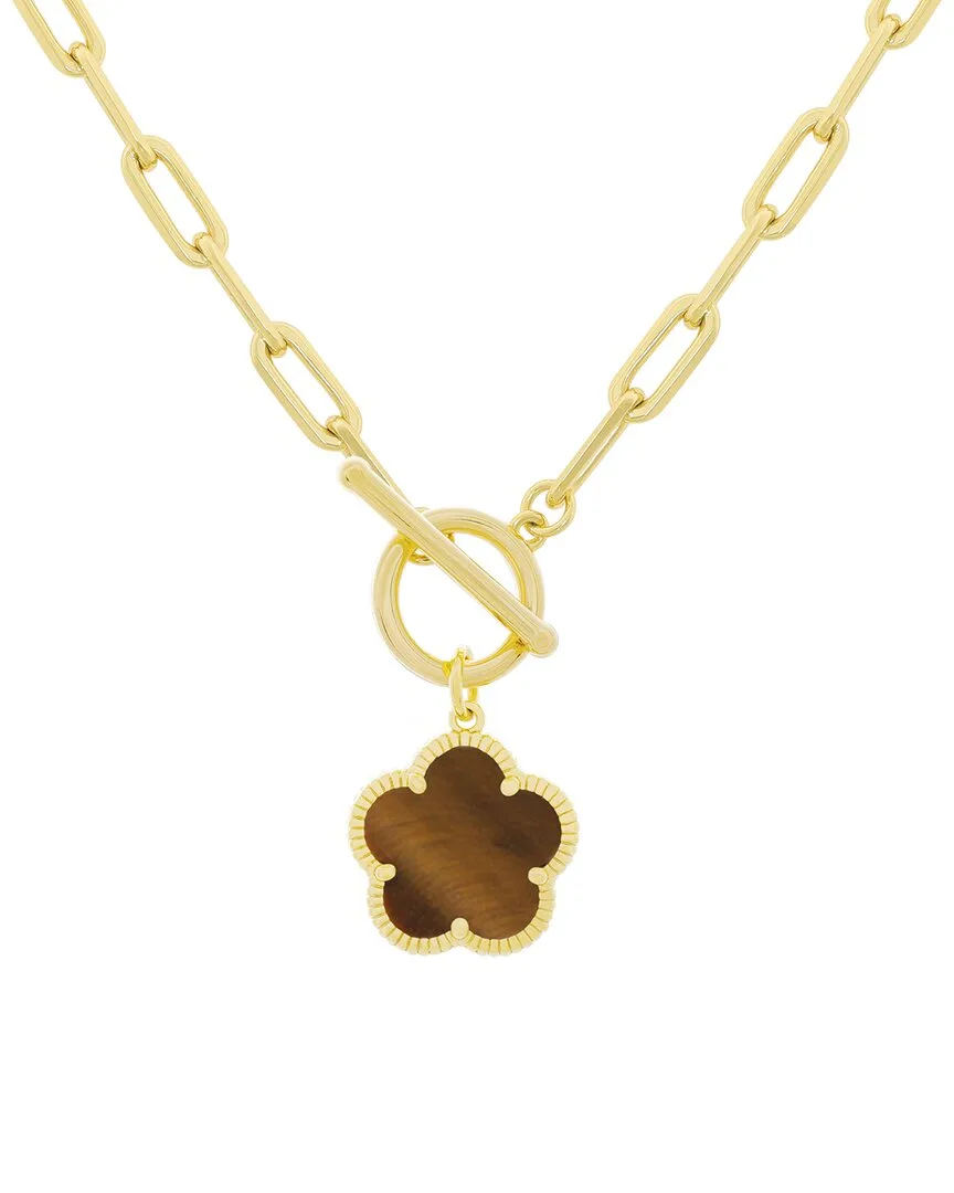 14K Plated Tiger Eye Flower T-Bar Necklace by Jankuo