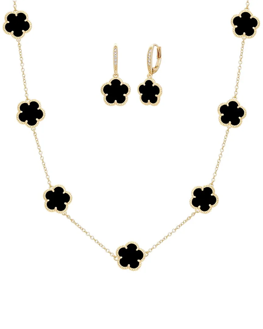 14K Plated Onyx Cz Flower Earrings & Necklace Set by Jankuo