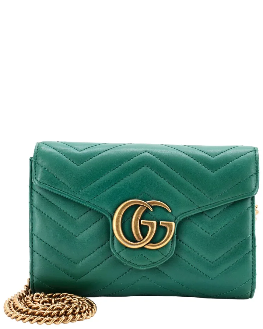 Green Matelasse Leather Gg Marmont Chain Wallet Mini (authentic Pre-Loved) by Gucci