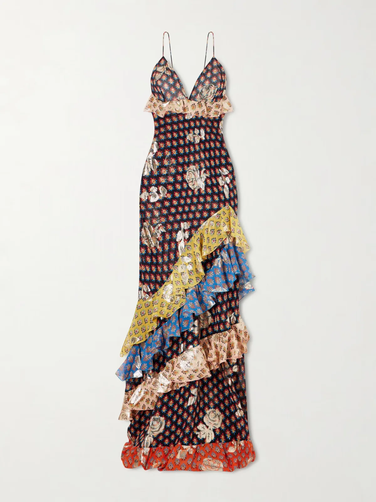 - Ruffled Tiered Printed Metallic Fil-coupé Silk-chiffon Maxi Dress -