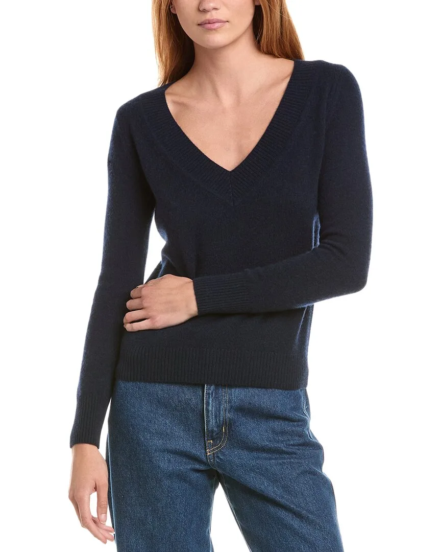 Deep Wide Trim V-Neck 100% Cashmere Sweater