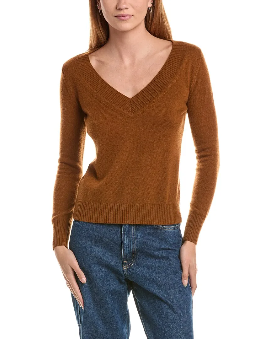 Deep Wide Trim V-Neck 100% Cashmere Sweater