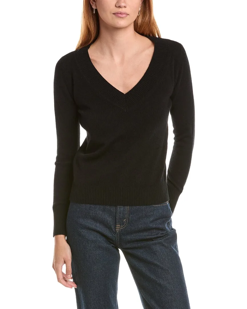 Deep Wide Trim V-Neck 100% Cashmere Sweater