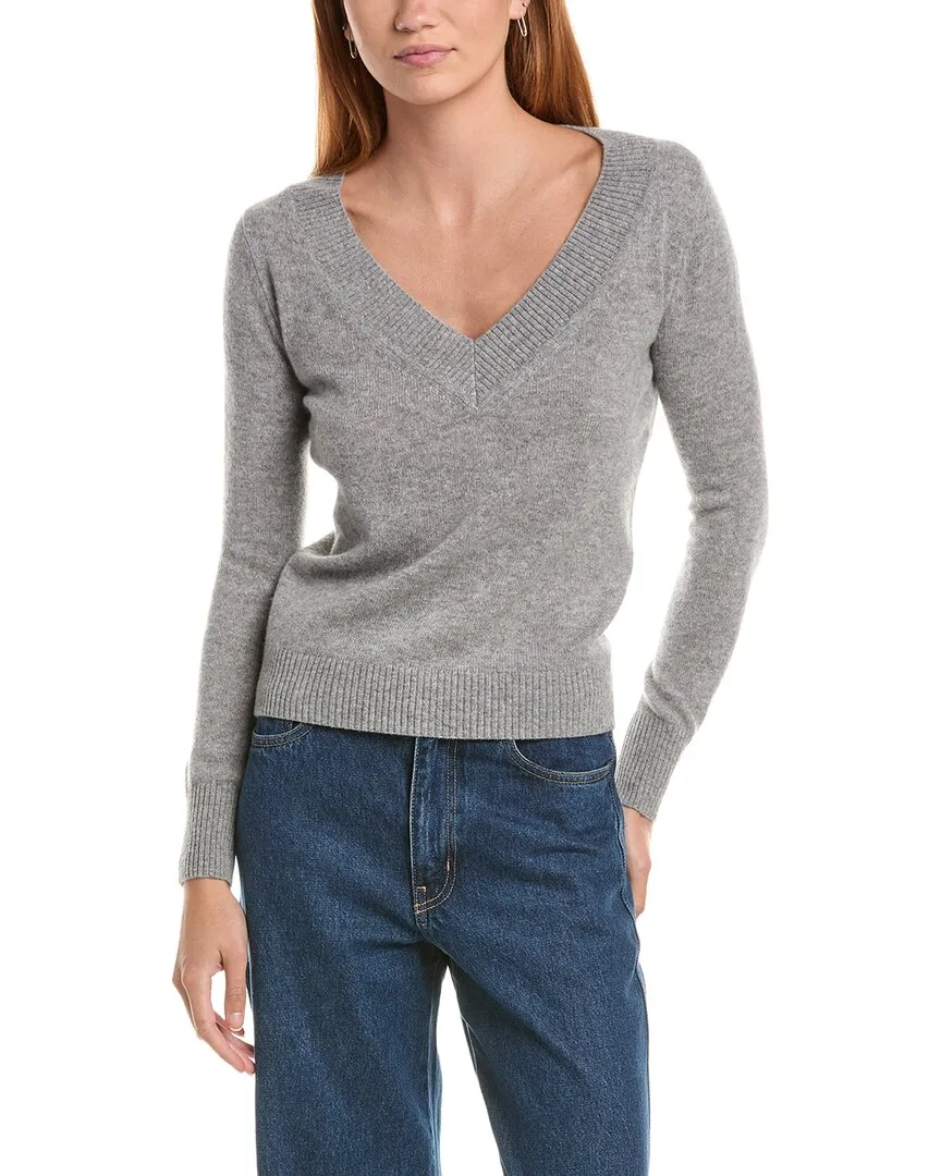 Deep Wide Trim V-Neck 100% Cashmere Sweater