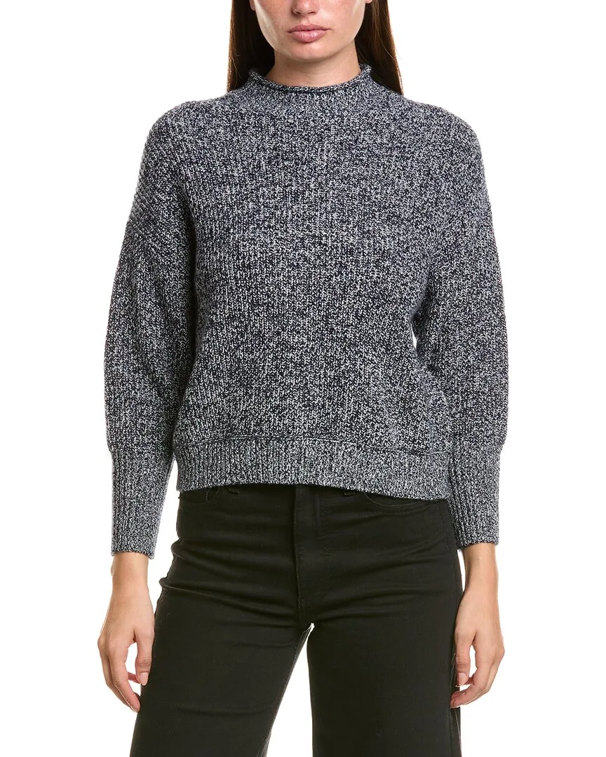 Merino Wool Marled Fringe Mock Neck Sweater