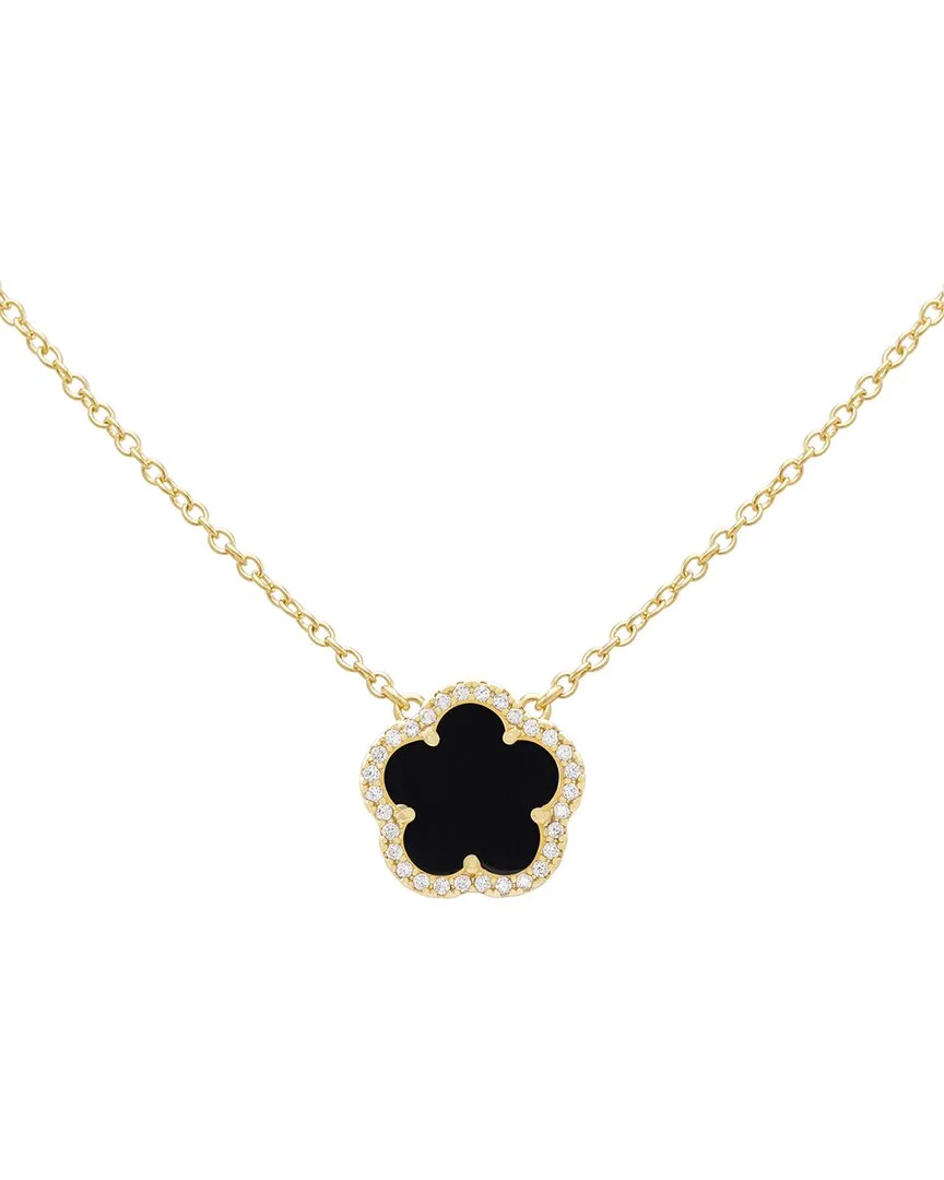 14K Plated Onyx Cz Flower Pendant Necklace by Jankuo