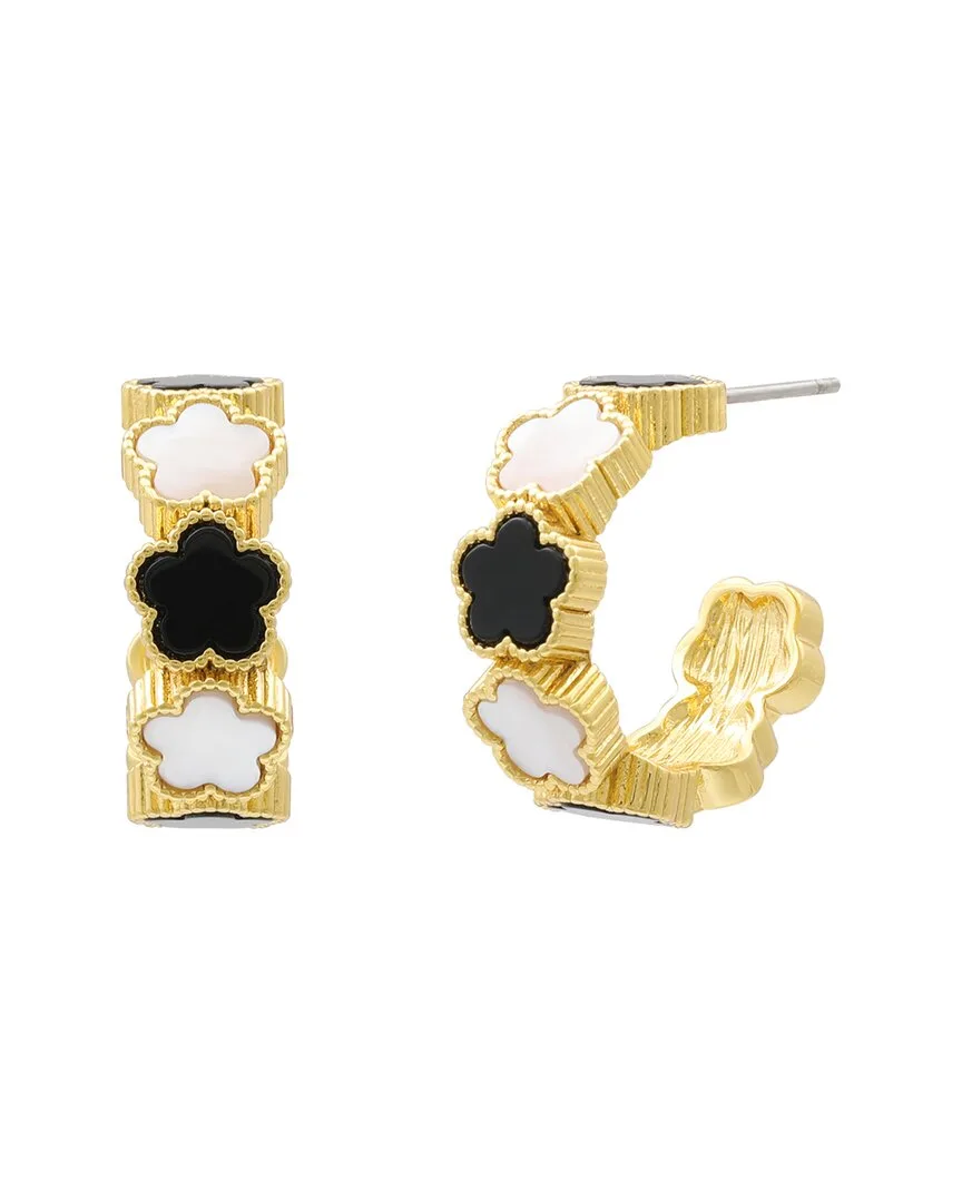 14K Plated Onyx Flower Hoop Earrings by Jankuo