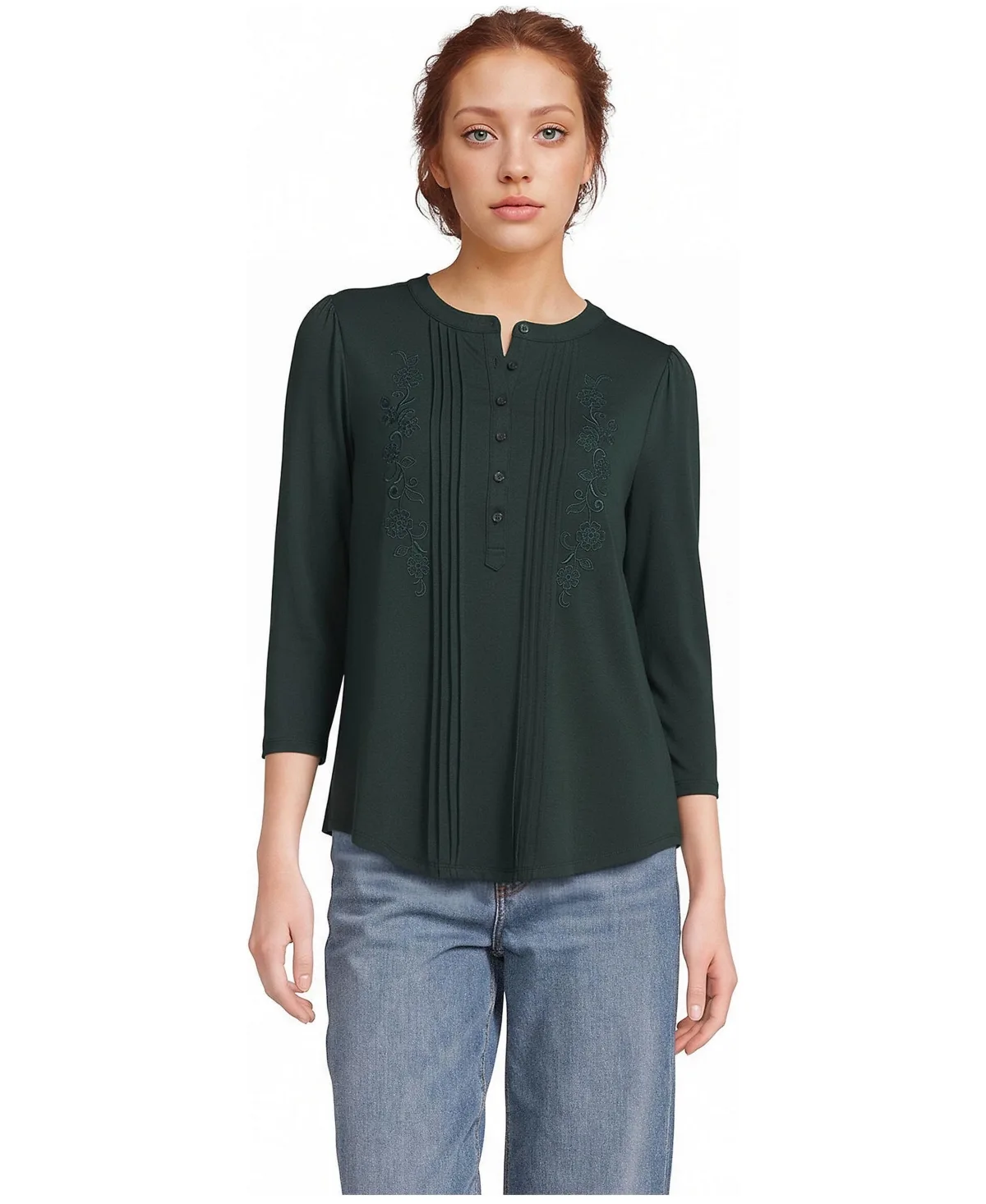 3/4 Sleeve Lightweight Jersey Embroidered Pintuck Blouse