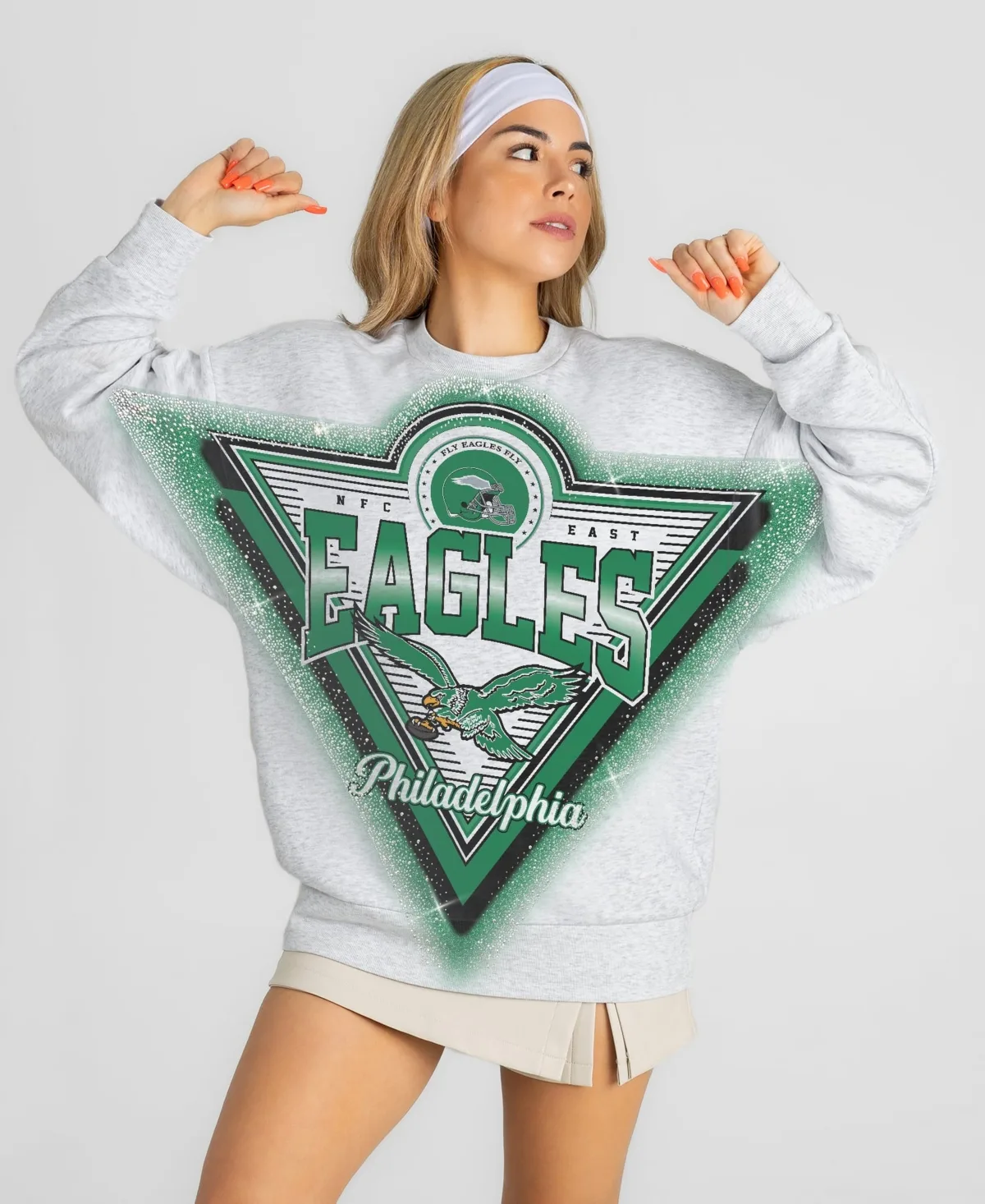 Philadelphia Eagles Chasing Victory Rhinestone Spray Oversized Fleece Sweatshirt