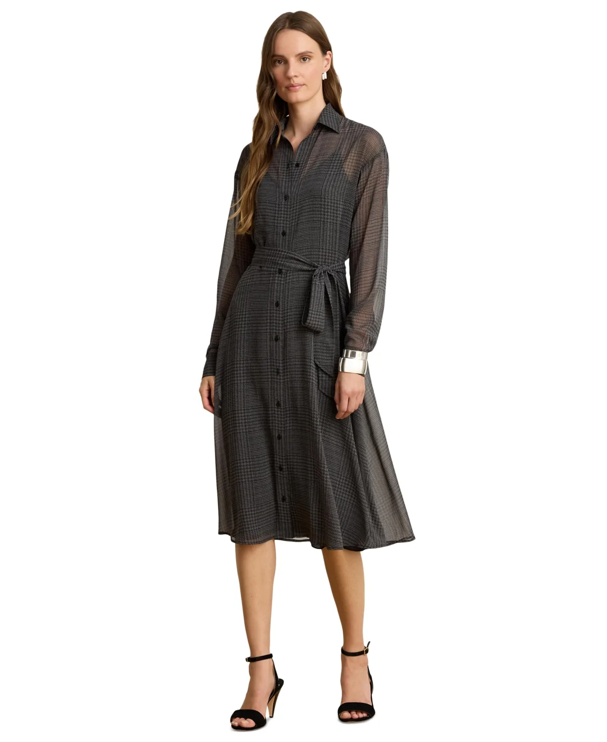 Graceful Belted Glen-Plaid A-Line Midi Dress by Ralph Lauren