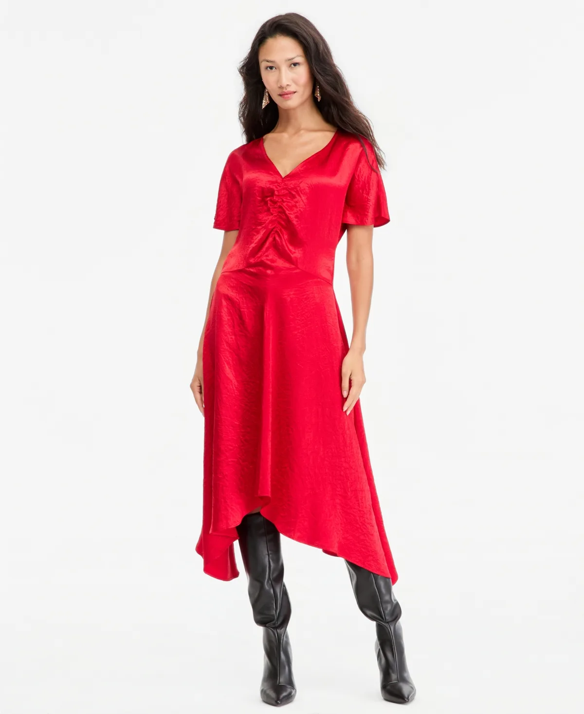 Ruched-Front Asymmetrical-Hem Midi Dress by INC International Concepts