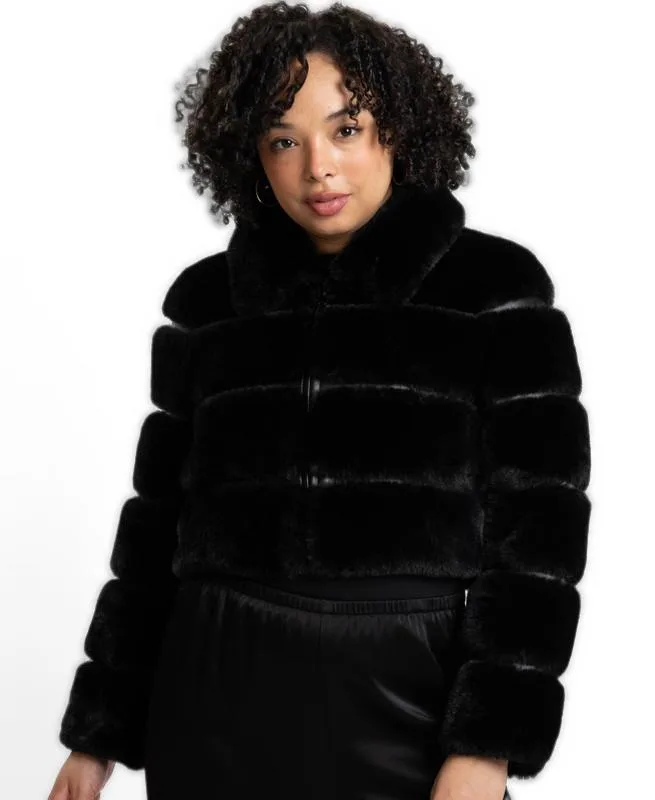 Carlyn Faux Fur and Faux Leather Striped Cropped Bomber Jacket