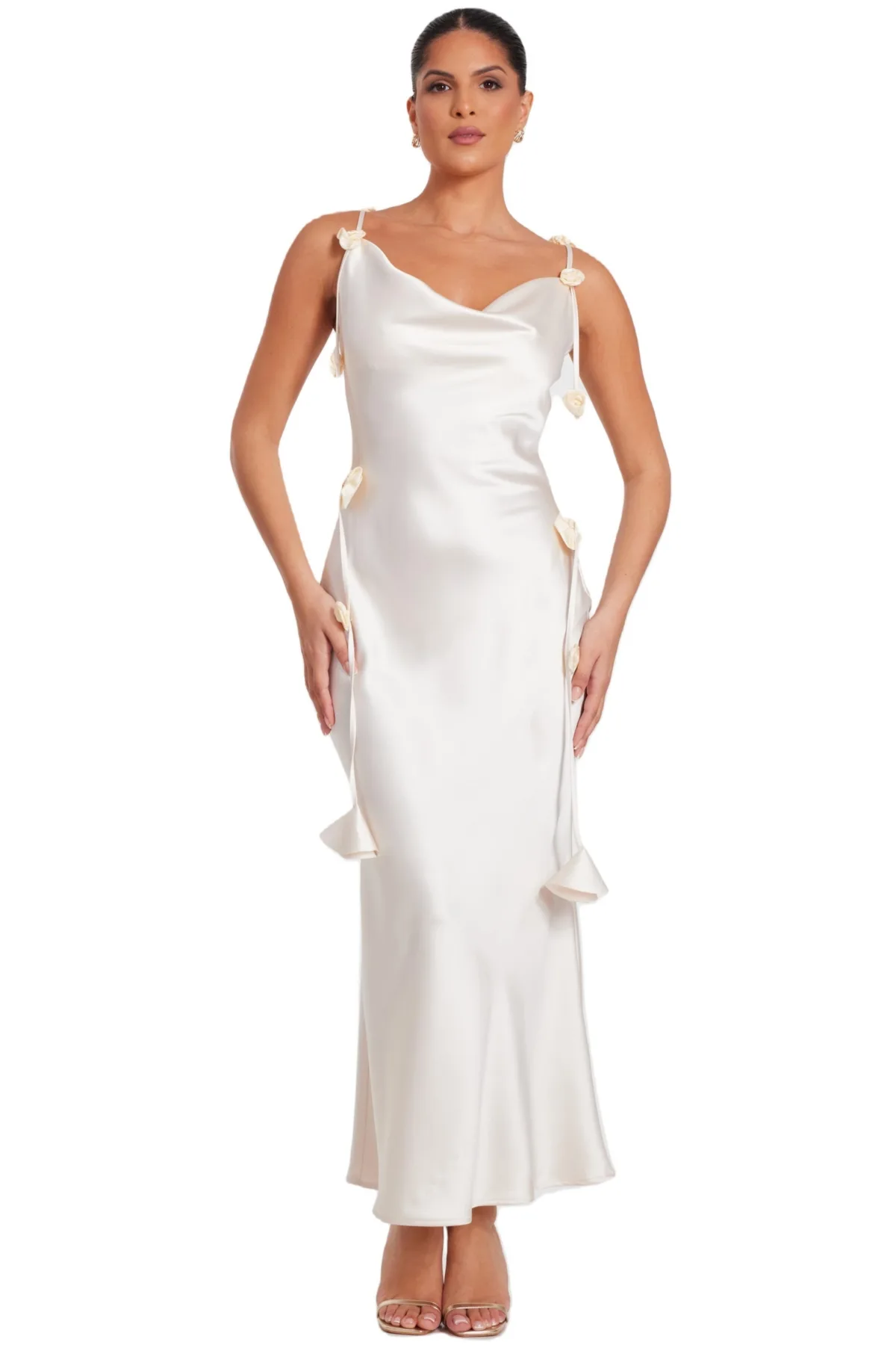 Satin Cowl Neck Maxi Dress with Trailing Floral Trim by Quiz