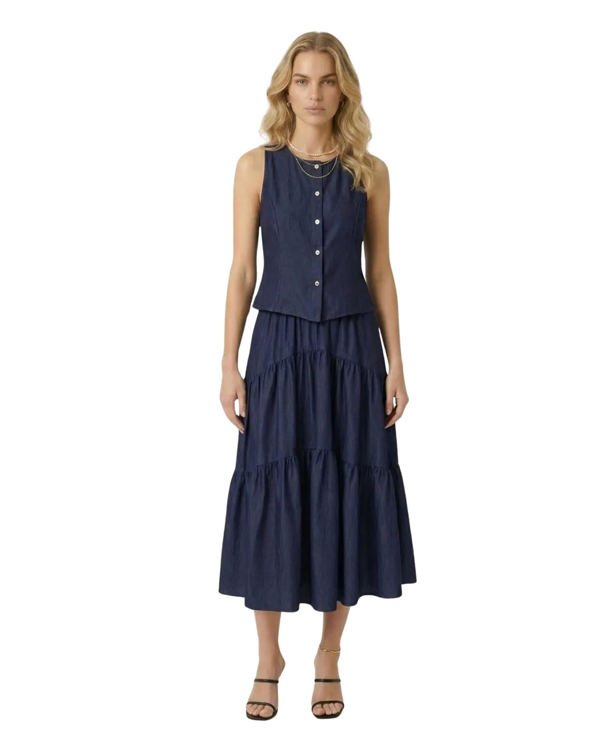 Sleeveless Structured Top and Tiered Midi Skirt Set by Modenaire