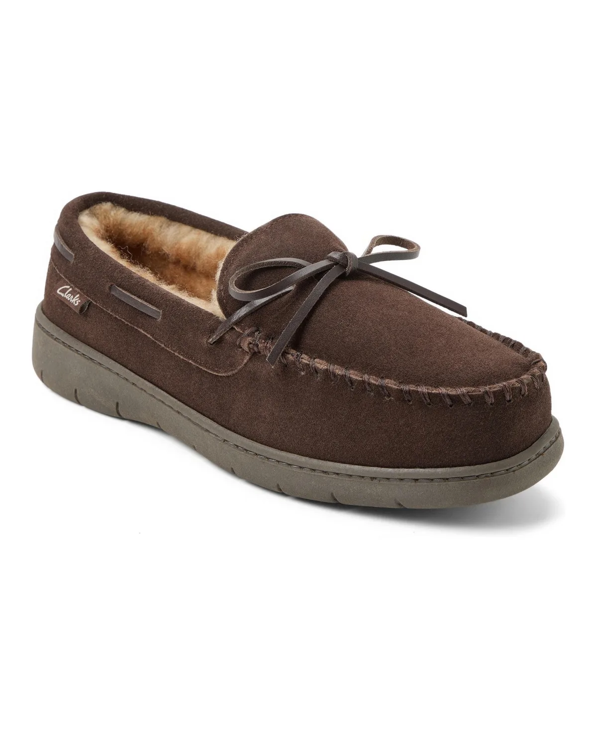 Genuine Cow Suede Moccasin with Leather Lacing and Tipped Faux Fur Slippers by Clarks